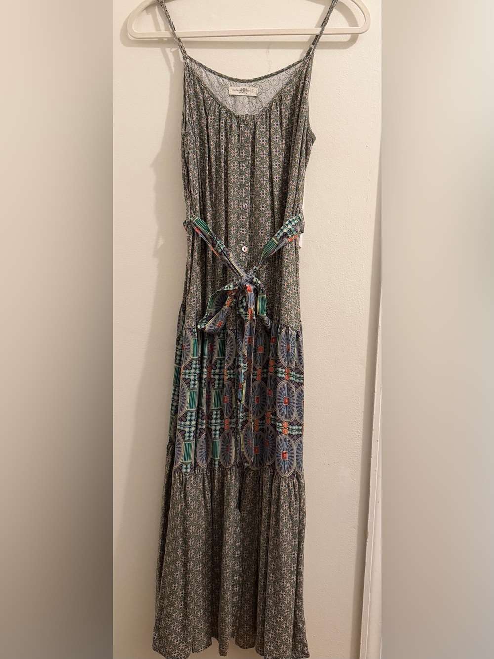 NATURAL LIFE Geo Print Maxi Dress in Green and Blue with Coral Accents
